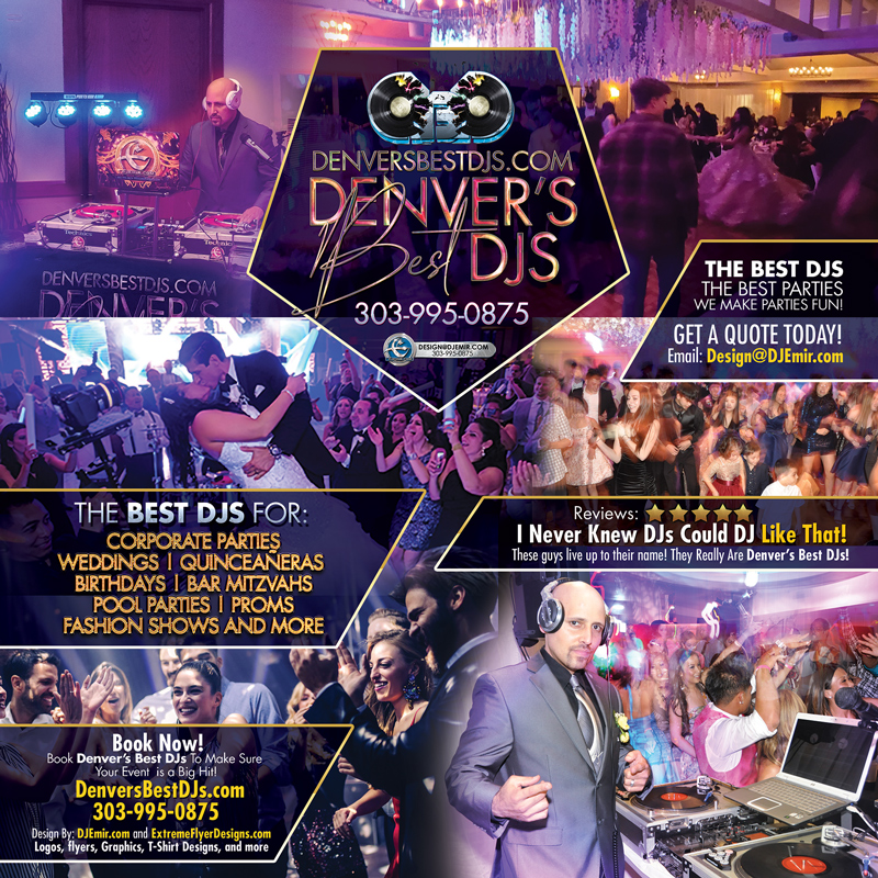 Denver's Best DJs Logo with DBD&nbsp;Records And Phone Number inside pentagon logo design Colorado top DJs promo card the best djs the best parties we make parties fun DJs for Quinceaneras, proms, corporate parties, fashion shows, birthdays, garaduation parties,  and more 5 star reviews 5 star DJs in denver DJ Emir DJ Emerson I never knew DJs could DJ Like that these guys live up to their name! They really are Denver's Best DJs!Wedding couple kissing on the dancefloor first dance new year's eve party birthday girl wearing a beautiful Quinceanera Dress
