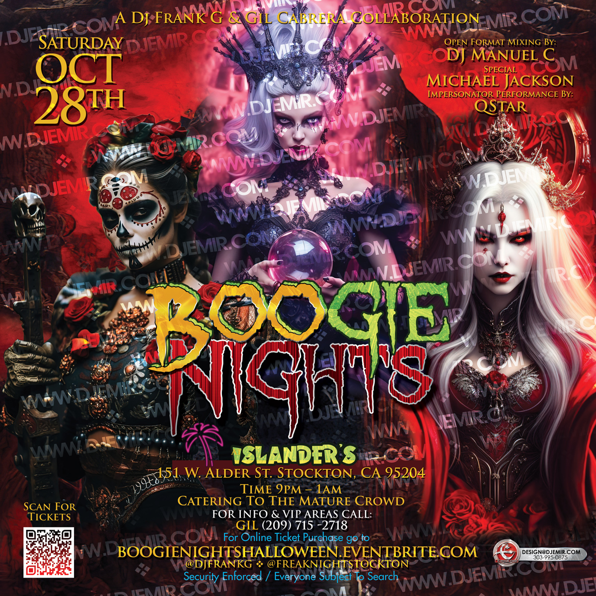 Boogie Nights Halloween Party Flyer design By Extreme Flyer&nbsp;designs and DJEmir.com Blood red Background with very sexy vampires, demons, dia de los muertos costume play and a demon queen holding a crystal ball  Saturday October 28th Open format Mixing with DJ Manuel C Special Michael Jackson impersonator performance by QStar DJ Frank G and Gil Cabrera presentBogie Nights  Halloween Party at Islanders  151 W. Alder St. Stockton, California, 95204