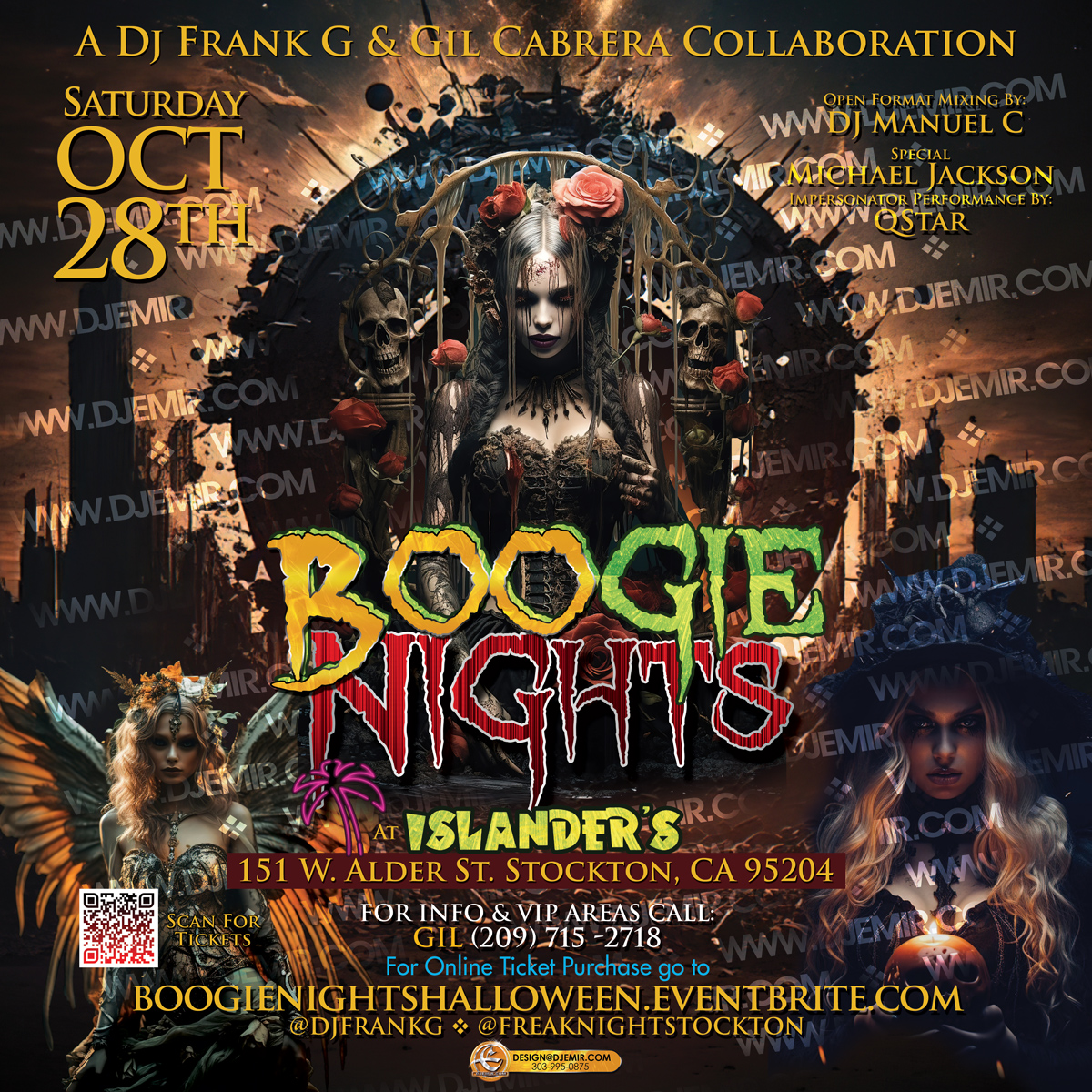 Boogie Nights Halloween Party Flyer design By Extreme Flyer&nbsp;designs and DJEmir.com Blood red Background with very sexy vampires, demons, dia de los muertos costume play and a demon queen holding a crystal ball  Saturday October 28th Open format Mixing with DJ Manuel C Special Michael Jackson impersonator performance by QStar DJ Frank G and Gil Cabrera presentBogie Nights  Halloween Party at Islanders  151 W. Alder St. Stockton, California, 95204