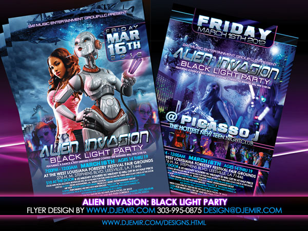 Amazing Flyer Designs Alien Invasion Black Light Teen Party Flyer Design